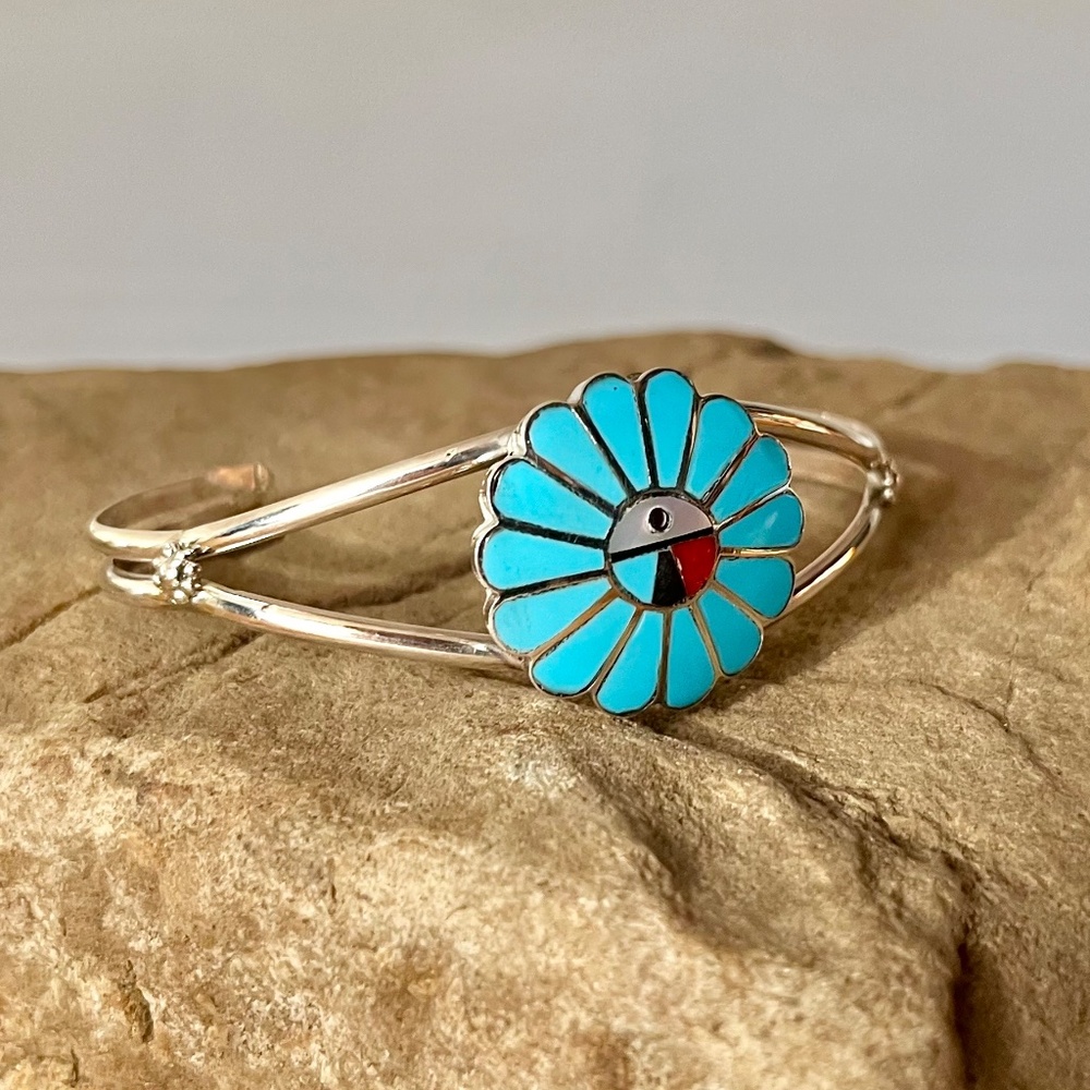 ZUNI Native American SUN FACE Turquoise Sterling Silver Bracelet Burdian Soseeah